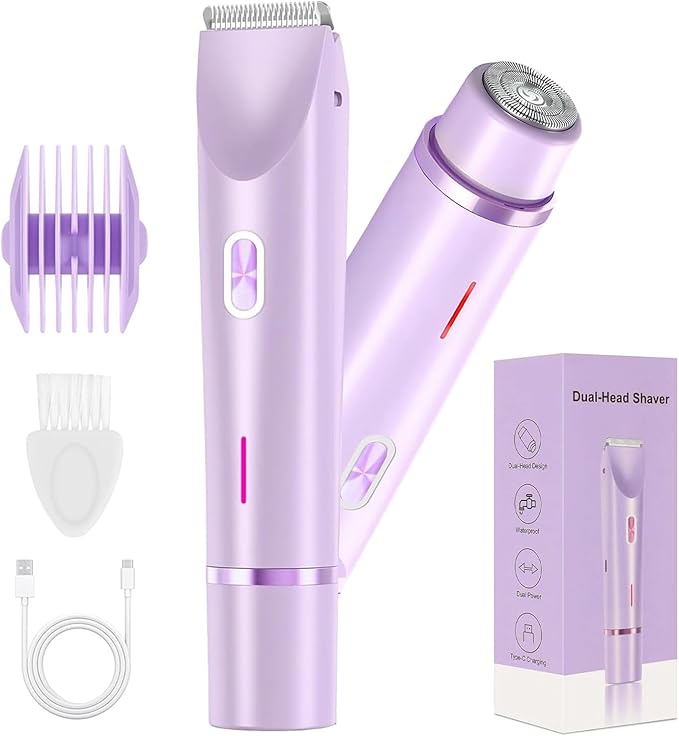 2 in 1 Bikini Trimmer for Women, Rechargeable Electric Razors for Women, Wet/Dry Use Lady Electric Shaver for Bikini Face Lip Underarm Legs Pubic Hair