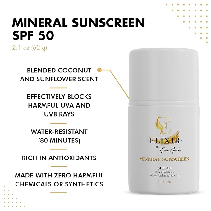 Elixir by Cocó March Broad Spectrum Mineral Sunscreen SPF 50 Sun Protection, Water-Resistant-80 min, Hydrates and Enhances Skin, Adults and Children- 2.1 Oz 59 g