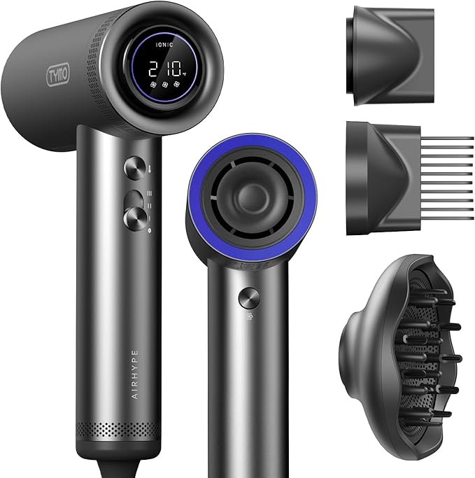 TYMO Hair Dryer with Diffuser for Women - 1500W Professional High Speed Blow Dryer with Comb, 110,000RPM Fast Dry, 200 Million Ionic Hairdryer, 4 Temps & 3 Speeds, 8 Ft Cord for Salon, Graphite