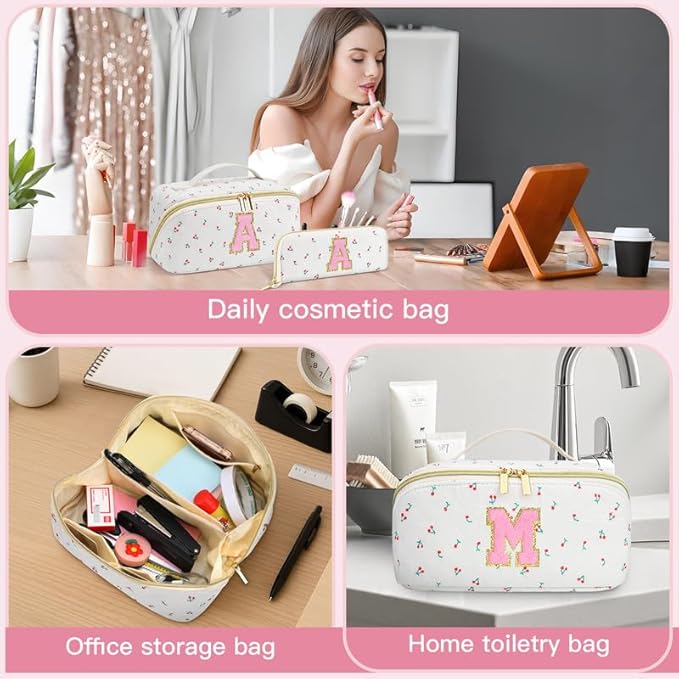 Personalized Travel Makeup Bag Set, Initial Cute Cherry Makeup Organizer Bag, Toiletry Skincare Cosmetic Bag, Valentine’s Day Gifts for Women/Girls, Open Flat Toiletry Pouch with Brush Pocket