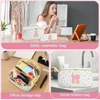 Personalized Travel Makeup Bag Set, Initial Cute Cherry Makeup Organizer Bag, Toiletry Skincare Cosmetic Bag, Valentine’s Day Gifts for Women/Girls, Open Flat Toiletry Pouch with Brush Pocket