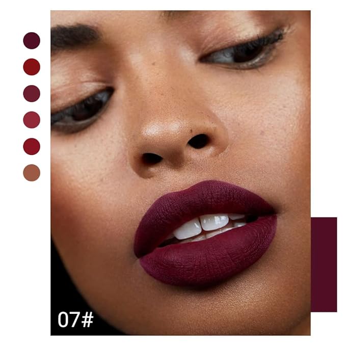 evpct 6Pcs Dark Bright Ruby Sexy Brick Mauve Plum Red Brown Matte Matt Liquid Lipstick Lip Gloss Glossy Set for Black Women 24 Hour Silky Velvet Lipstick Lip Liner set labiales matte larga duracion 24