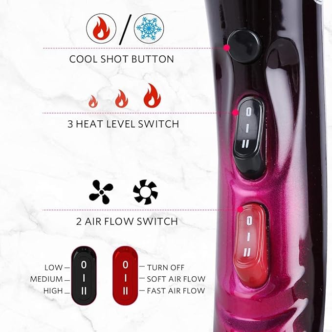 Hair Dryer, 3500 Watt Professional Salon Ionic Blow Dryer with AC Motor, 3 Heat Settings, 2 Speeds, Cool Shot Button, Tourmaline Ceramic, Concentrator & Diffuser Attachments, 110V (Purple)