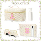 3 PCS Travel Makeup Bag Set, A–Z Initials Cotton Quilted Cosmetic Bag for Women & Preppy, Personalized Toiletry Bag Travel Accessories Makeup Brushes Organizer, Valentine’s Day & Birthday Gift for Her