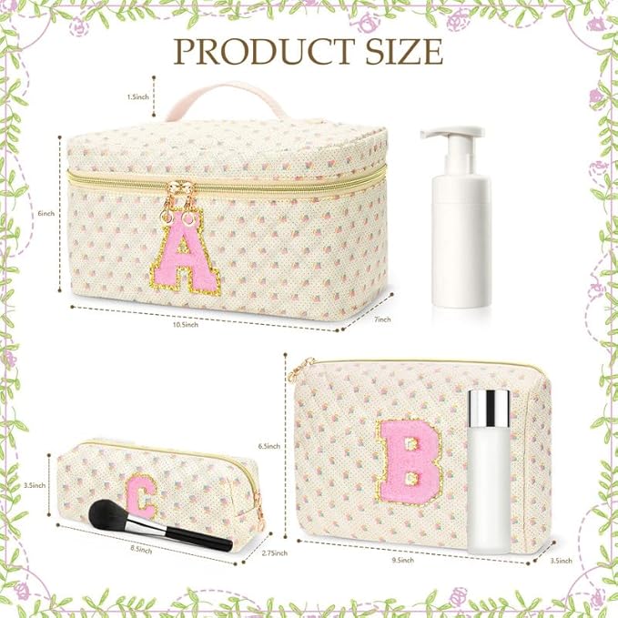 3 PCS Travel Makeup Bag Set, A–Z Initials Cotton Quilted Cosmetic Bag for Women & Preppy, Personalized Toiletry Bag Travel Accessories Makeup Brushes Organizer, Valentine’s Day & Birthday Gift for Her