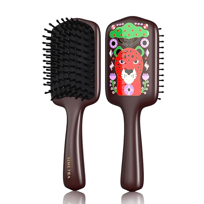 SIMETRA Wooden Paddle Hair Brush Unique Pattern Guinean Ovangkol Hardwood Bristles Hair Brushes for Women Wet Brush Detangling Brush for Scalp Massage for Men Kids for All Hair Types (Cheetah)