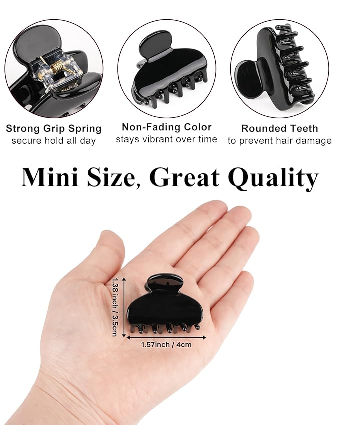 MAORULU 2 Pack Mini Acetate Hair Claw Clips – 1.6 Inch Small Durable Hair Clips for Women & Girls, Strong Hold Tiny Jaw Clips for Bangs & Half Up Hairstyles (Black)