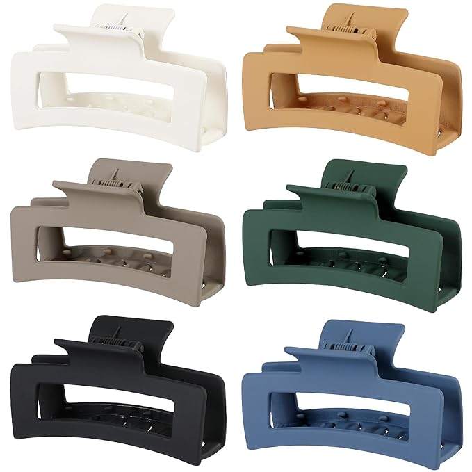 Square Hair Clips 3.5 Inch Medium Claw Clips Rectangle Hair Claw Clips 6 Pack Rubber Paint Jaw Non-Slip Thick Hair Accessories for Women Girls -Neutral
