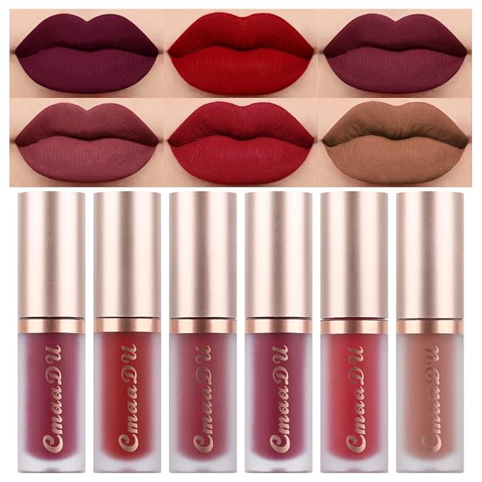 evpct 6Pcs Dark Bright Ruby Sexy Brick Mauve Plum Red Brown Matte Matt Liquid Lipstick Lip Gloss Glossy Set for Black Women 24 Hour Silky Velvet Lipstick Lip Liner set labiales matte larga duracion 24