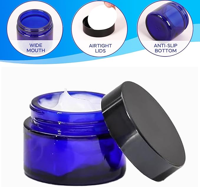 24 Pack 1 oz Round Blue Glass Cosmetic Jars with Inner Liners and Black Lids, Travel Glass Jars, Cosmetic Containers for Lip Balms, Powders, Makeup, Cream, Eyeshadow, Slime, Paint
