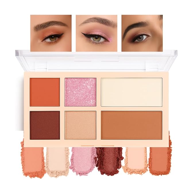 Matte Shimmer Glitter Eyeshadow Palette – 6-Color Warm Peach Brown & Pink Diamond Eye Shadow Kit, High Pigment Long-Lasting Nude Neutral Makeup Palette for Daily Natural Soft Glam Looks