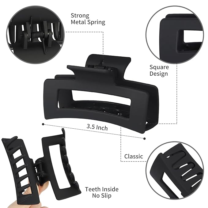 3.5 Inch Medium Hair Claw Clips 12 Pcs Square Claw for Thick and Thin Hair Rectangular Rectangle Hair Clips Jaw Clips Bulk Hair Accessories for women and Girls (Black)