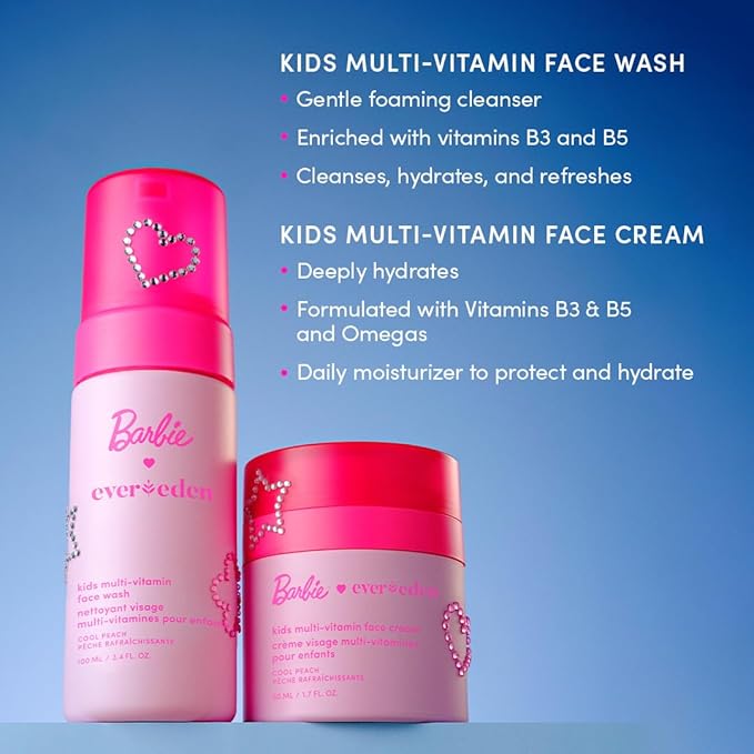 Evereden Barbie Limited Edition Kids Happy Face Duo + Exclusive Accessories | Multi-Vitamin Face Wash & Cream Set with Stickers + Bracelets | Clean Skin Care for 3+ | Barbie Gift Box for Kids
