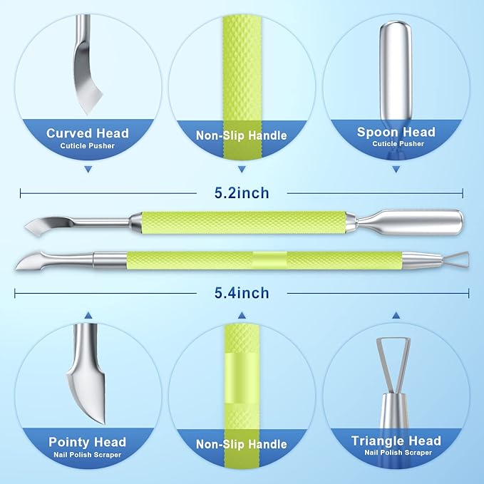 2PCS Metal Neon Green Cuticle Pusher and Cutter Remover Salon Quality Stainless Steel Gel Nail Polish Peeler Scraper Durable Manicure and Pedicure Cleaner Tool For Fingernail and Toenail