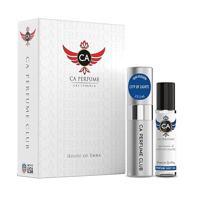CA Perfume Duo Impression of Bold Numbers City of Lights For Women & Men Eau de Parfum Refillable Sprayer+ Fragrance Body Oil Roll-On Bottle 0.27 Fl Oz+0.33 Fl Oz
