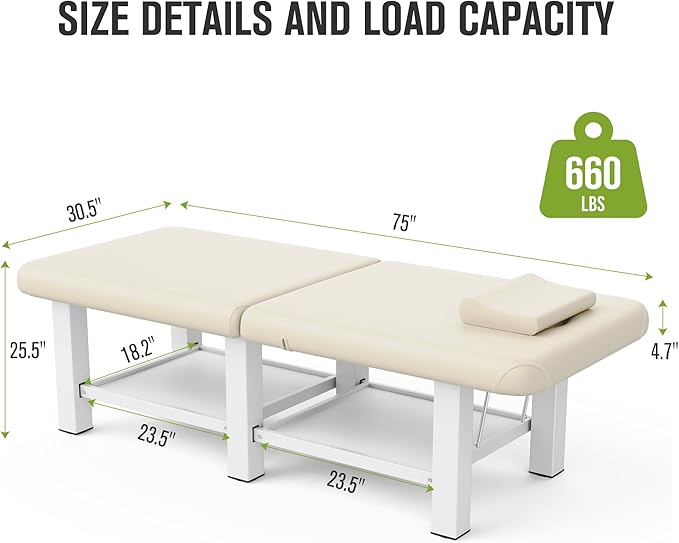 30.5'' Wide × 75'' Long Folding Stationary Massage Table with Backrest and Storage Space for Treatment Table Physical Therapy Table Spa Facial Bed, 6 Square legs, Metal Frame PU Leather - Beige Gray