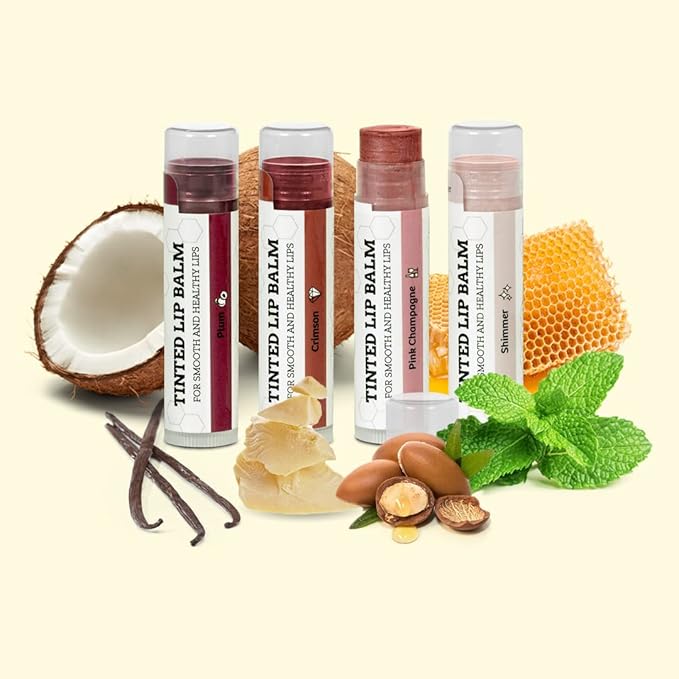 Earth's Daughter Tinted Lip Balm 4 Pack Stocking Stuffers of Assorted Colors - Beeswax, Coconut Oil, Cocoa Butter, Vitamin E - Moisturize and Beautify - Paraben Free