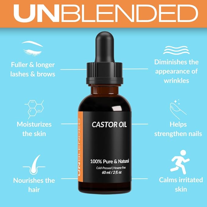 UNBLENDED Castor Oil 100% Pure, Cold-Pressed, Hexane-Free – Hair, Lashes, Brows & Skin – 60ml