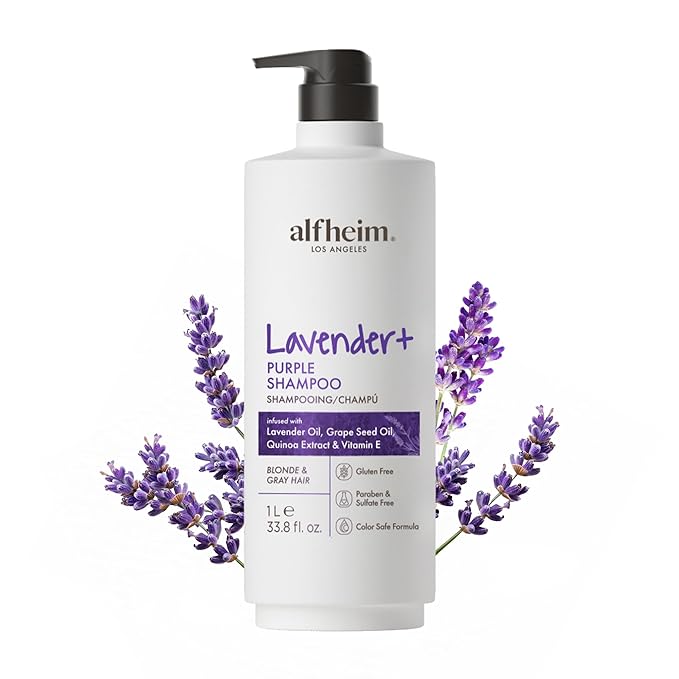 ALFHEIM Lavender+ Purple Shampoo for Blonde, Silver & Color-Treated Hair – Neutralizes Brass & Yellow Tones, Brightens Cool Shades – with Quinoa Extract & Vitamin E – Sulfate Free – 33.8 oz