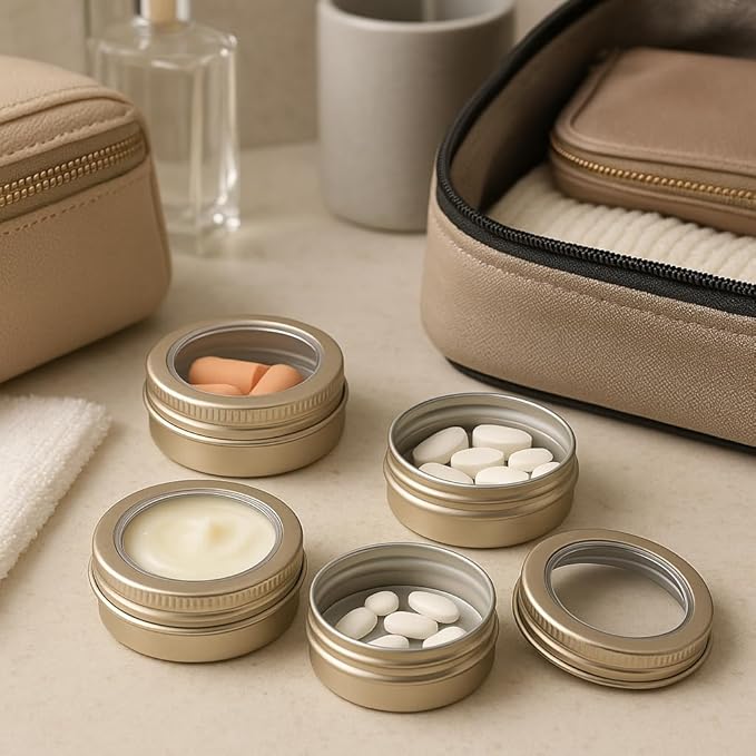 24 Pack 2 Ounce Screw Top Aluminum Tin Jar with Screw Clear Lid and Blank Labels, Refillable 60ml Metal Containers for Lip Balms, Candles, Salves, Spices, Crafts (Champagne)