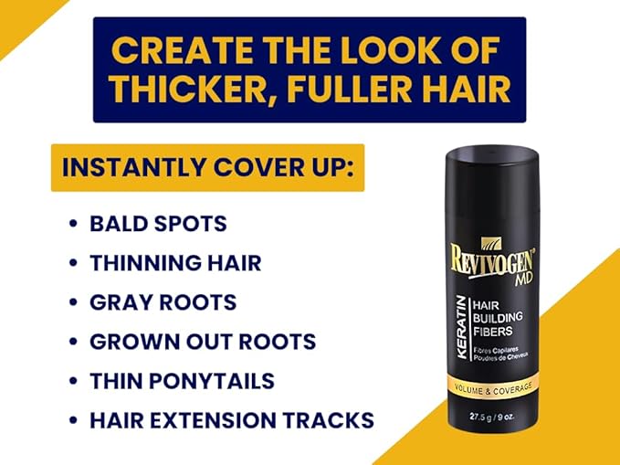 Revivogen MD Keratin Hair Building Fibers, Hairline Powder, Hair Fibers, Hair Fibers for Thinning Hair, Hair Fiber Spray, Thick Fiber for Hair Men and Women, Hair Filler, .9oz, Black