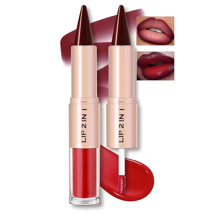 Lip Liner Gloss Lip Combo Set, 2 in 1 Lip Duo Dark Red Lip Liner Lipstick Glossy Nourishing Cherry Cola Gloss Lip Kit, Smooth Quick Fuller Plumping Juicy Lip Makeup for Women07#Burgundy