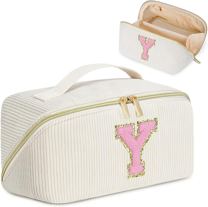 Personalized Initial Makeup Bag, Valentine's Day Gifts for Girls,Preppy Bag Cosmetic Travel Bag Women,Travel Toiletry Organizer,Large Capacity Corduroy Stuff Bag,Cute Cosmetic Pouch Skincare Bag