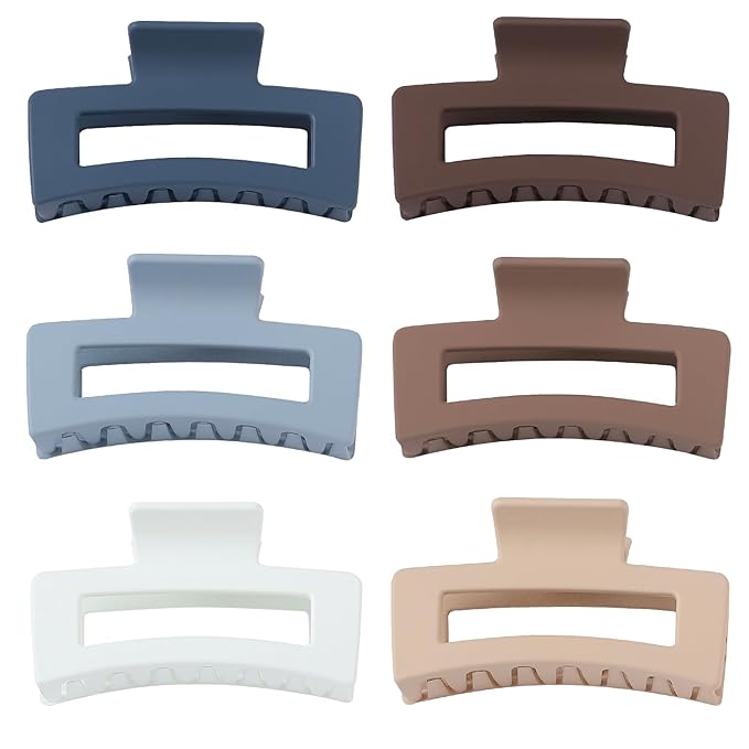 Hair Clip, 3.5 Inch Medium Hair Claw Clips 6 Pack for Women - Brown, Blue, Beige, White, Square, Rectangle, Banana, Jaw Styles