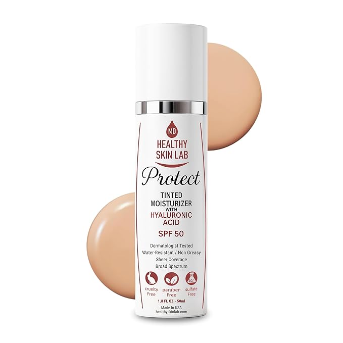 Healthy Skin Lab Protect Tinted Moisturizer & Mineral Sunscreen SPF 50, Sheer Universal Tint, Lightweight Coverage, Broad Spectrum UV Protection + Hyaluronic Acid, Dermatologist Tested, 1.8 oz