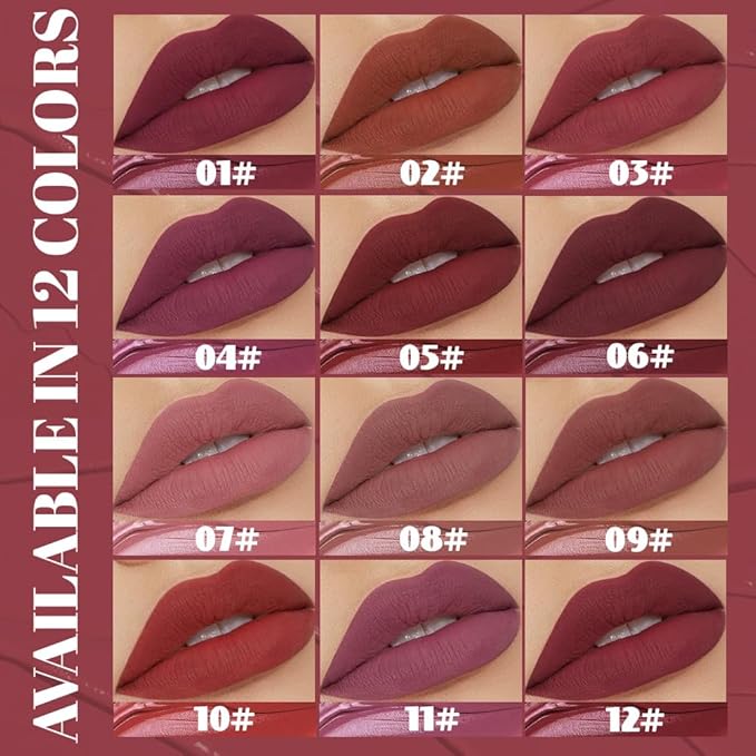 evpct 12Pcs Matte Liquid Lipstick Set, Plum Mauve Maroon Wine Burgundy Red Waterproof Long Lasting Lipstick for Women,Lip Stain Lip Gloss Set Lip kit, 24 Hours Original Smudge Proof labial