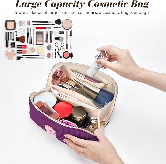 Personalized Initial Makeup Bag, Valentine's Day Gifts for Girls,Preppy Bag Cosmetic Travel Bag Women,Travel Toiletry Organizer,Large Capacity Corduroy Stuff Bag,Cute Cosmetic Pouch Skincare Bag