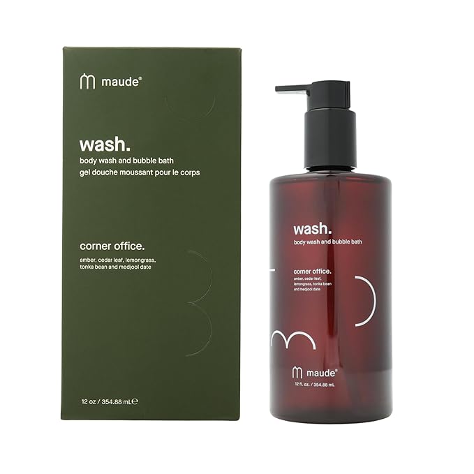 Maude Wash pH Balanced Moisturizing Body Wash & Bubble Bath - Unisex Amber & Cedar Scented Shower Gel with Vitamin C - Full Body Skin Care Products & Bathtub Accessories - No.1 Corner Office (12 oz)