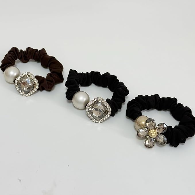 Silk Scrunchies Hair Ties 3Packs – Super Soft Thin Hair Scrunchies, Gentle on Hair, Faux Pearl & Crystal Decorated Hair Accessories for Women