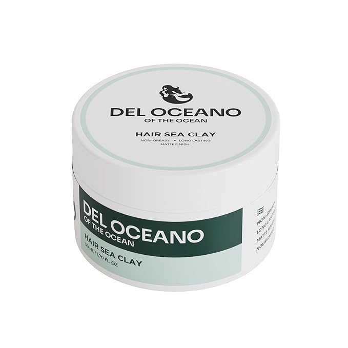 Del Océano Hair Styling Sea Clay - Strong Hold, Matte Finish, Nourishing Formula Hair Clay for Men, Ideal for Hairstyling Medium, Messy, Fine Thinning Hair Styles, 2.7 oz