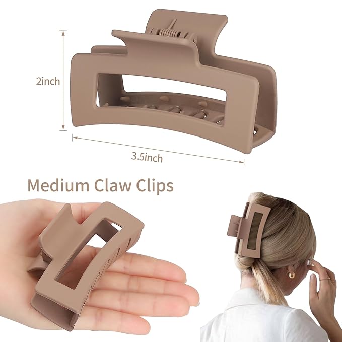 Square Hair Clips 3.5 Inch Medium Claw Clips Rectangle Hair Claw Clips 6 Pack Rubber Paint Jaw Non-Slip Thick Hair Accessories for Women Girls -Chocolate