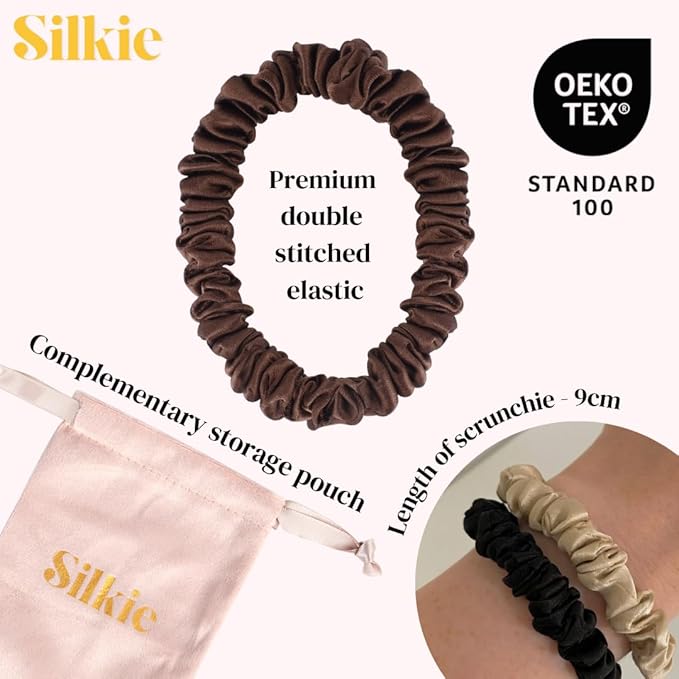 SILKIE x4 Set 100% Pure Mulberry Silk Green Skinny Scrunchies Travel Pouch Everyday Hair Ties Elastics Hair Care Ponytail Holder No Damage (Emerald)