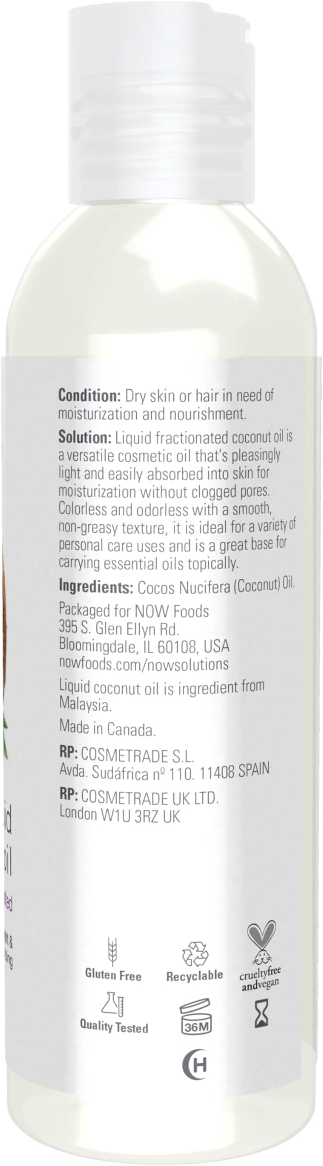 NOW Foods Solutions, Liquid Coconut Oil, Light and Nourishing, Promotes Healthy-Looking Skin and Hair, 4-Ounce
