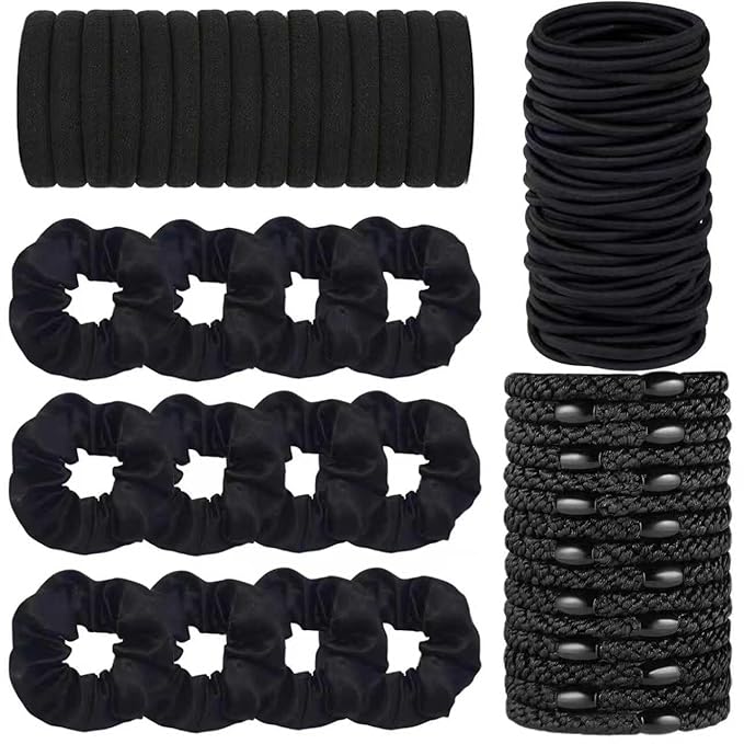 Hair Ties for girls 4 popular styles Hair Elastics (15pcs No Damage Hair Ties 50pcs High Elastic Ties 15pcs Ponytail Holders 12 Satin Scrunchies) Pain-free No Crease multiple colors for all hair types