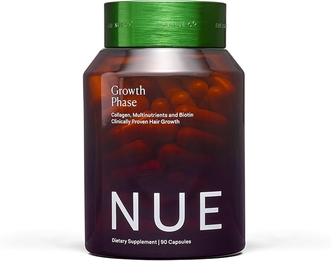 The Nue Co. Growth Phase Hair Supplement - Vegan Hair Capsules with Vitamins, Adaptogen, Reishi Mushroom & Protein for Thicker Fuller Looking Hair - Supports Strength & Reduces Breakage | 90 Capsules