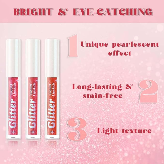 AMY'S DIARY 3Pcs Glitter Liquid Lipstick Set – Coral Pink, Metallic Red, Cherry Rose – Shimmer Metallic Lip Gloss, Long-Lasting Waterproof Lip Color, High Shine Sparkle Makeup for Women (Set B)