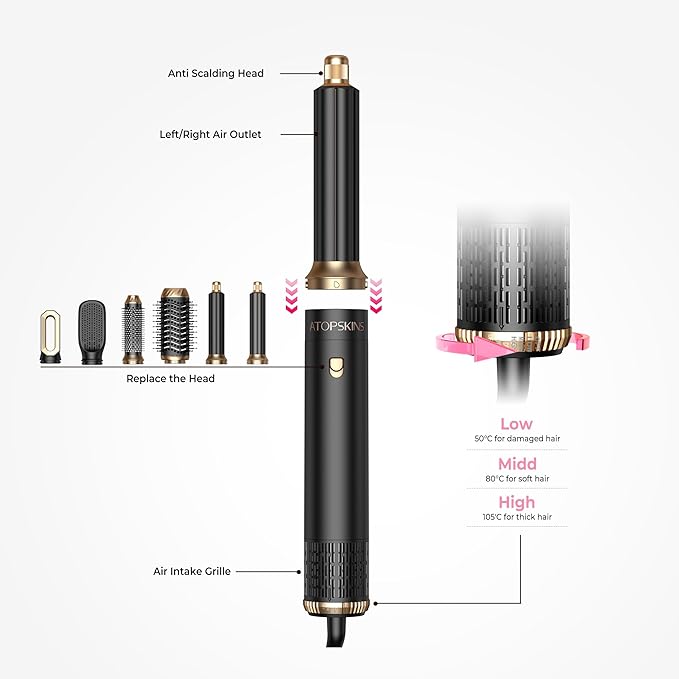 6 in 1 Hair Dryer Brush, Detachable Air Styler, 3 Heat Settings Blow Dryer Brush Frizz-Free Volumizing, Straightening, Curling ALCI Safety Plug for Travel & Home Styling (Pink-Black)