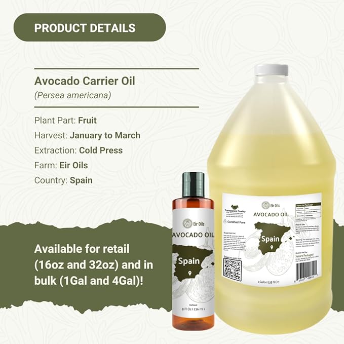 Avocado Oil - Direct from EIR Oils Farm in Spain - 100% Pure Carrier Oil for Hair, Face, and Skin - Hand-Picked, Cold-Pressed Carrier Oil - (1Gallon)