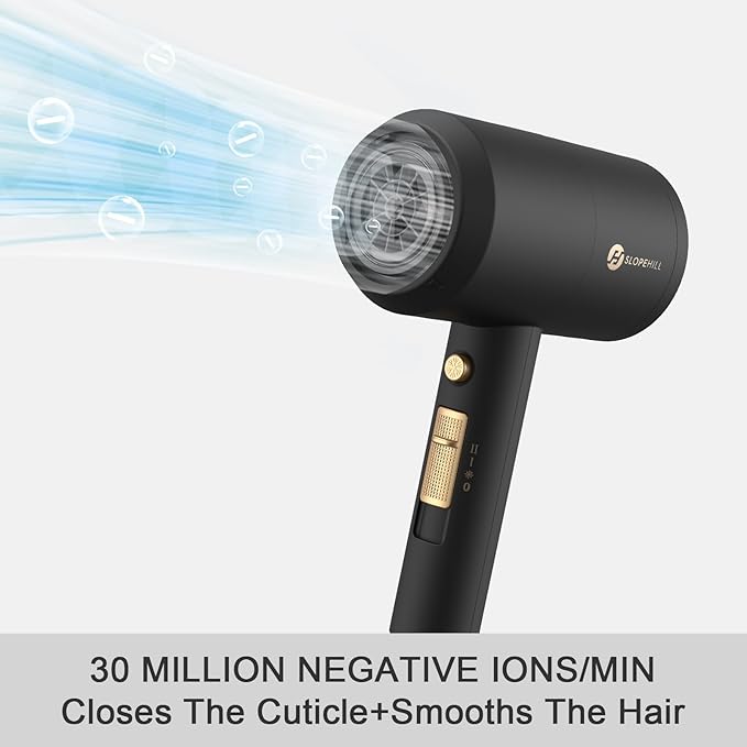 slopehill Professional Ionic Hair Dryer, Powerful 1800W Fast Drying Low Noise Blow Dryer with 2 Concentrator Nozzle 1 Diffuser Attachments for Home Salon Travel (Black)