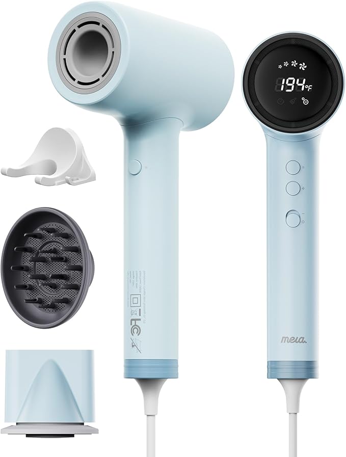 Professional Hair Dryer with Diffuser (Mera ProMax Ionic-X) - Fast Drying, Anti-Static Blowdryer Full Tool Set for Women & Stylists, 1-Button Cooling Mode, cUL Certified, Self-Cleaning, LED Screen