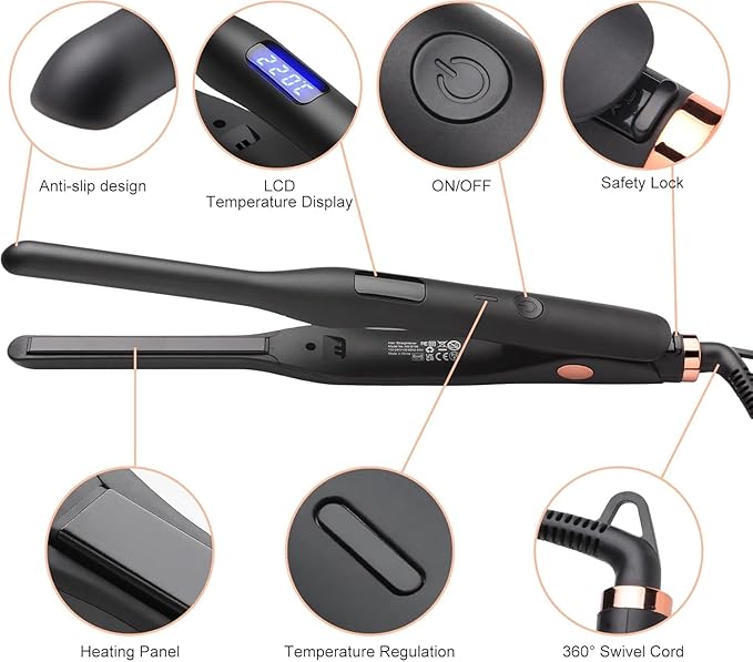 Hair Straightener Pencil Flat Iron, Ceramic Mini Small Flat Iron for Short Hair, Beards & Pixies