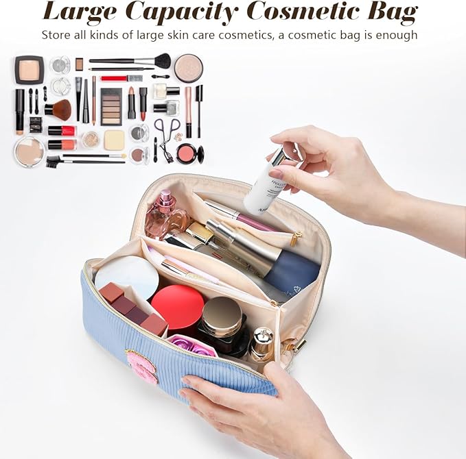 Personalized Initial Makeup Bag, Valentine's Day Gifts for Girls,Preppy Bag Cosmetic Travel Bag Women,Travel Toiletry Organizer,Large Capacity Corduroy Stuff Bag,Cute Cosmetic Pouch Skincare Bag