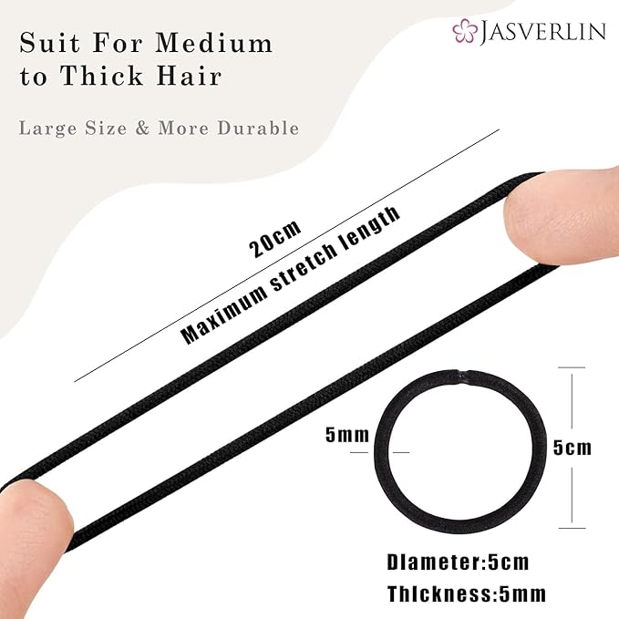 Black Thick Hair Ties - 5mm Thickness Elastics Ponytail Holders for Women Girls Curly Texture Rubber Bands Durable Stretchy Nylon Hairties for Braids 48 Count