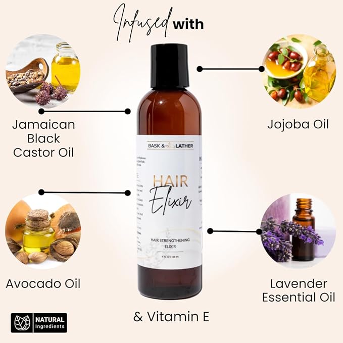 BASK & LATHER Elixir Hair Strengthening Oil, Jamaican Black Castor Oil, For Volume, Thickness, Detangle, De Frizz, Conditions New Hair Growth, 4 fl oz