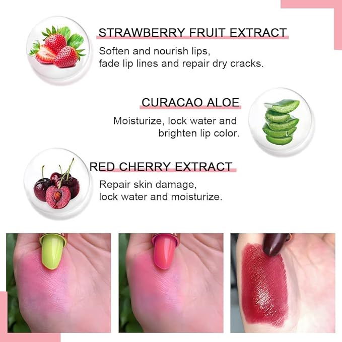 evpct 3Pcs Magic Color Changing Lipstick 24 Hours Original for Women Lasting Waterproof, Aloe Vera Strawberry Black Red Cherry PH Mood Permanent Hardpointing color changing Lipstick Tinted Lip balms