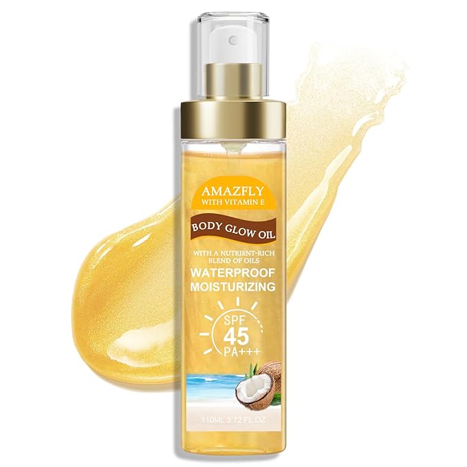 Body Glow Oil, SPF 45 PA+++, Sunscreen Body Oil with Gold Mica, Moisturizing Coconut with Vitamin E, Glow Moisturizer, Lightweight, Water Resistant, 3.72 fl oz,GOLD